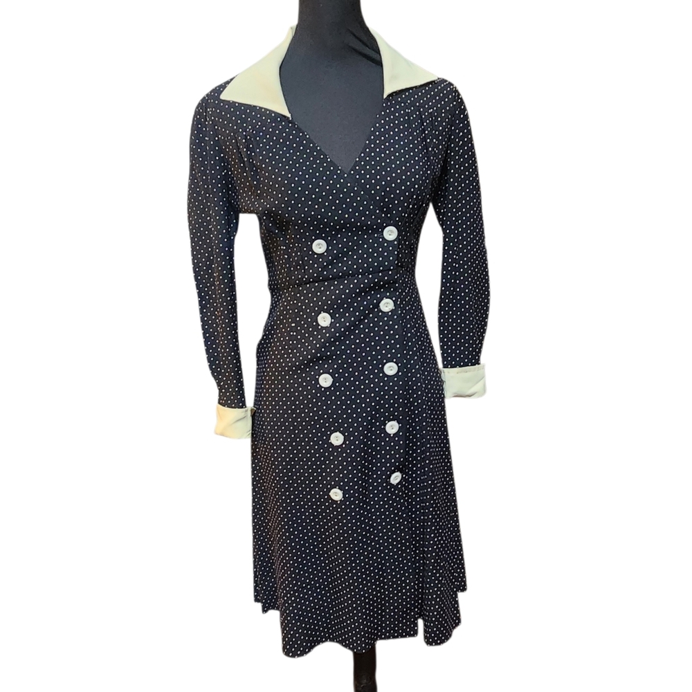 Vintage Young Edwardian Dress Size 5 Small Secretary Geek Polka Dot Black Ivory